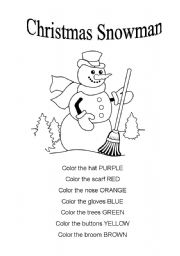 English Worksheet: Christmas Snowman (colors & clothes)