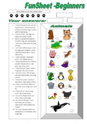 English Worksheet: FunSheet Beginners -Animals