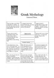 English Worksheet: Greek Mythology Extension Menu