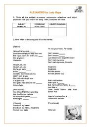 English Worksheet: Alejandro by Lady Gaga (pronouns and possessives revision)