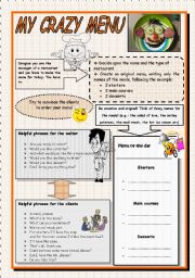 English Worksheet: At the restaurant - My crazy menu (group activity, role-play) B&W version included