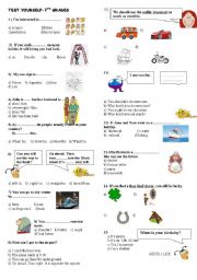 English Worksheet: Test yourself- 7th grades--Horoscopes,asking directions, supersititions,transportation etc.