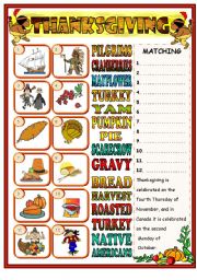 English Worksheet: Thanksgiving matching (BW included)