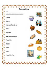 English worksheet: Thanksgiving Matching