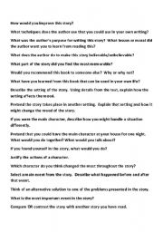 English Worksheet: Higher Order Questions for Fiction Reading