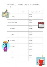 English worksheet: Whats/Whos your favorite ~ Interview Game