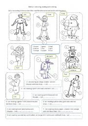 English Worksheet: Clothes- Colouring, Reading and Matching