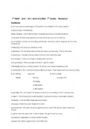 English Worksheet: Vocabulary for 7th grades/present simple vs. present cont.