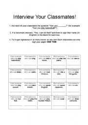 English worksheet: classmate interview: 