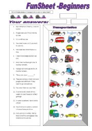 English Worksheet: FunSheet Beginners (Transportation)