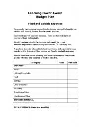 English worksheet: Budget Plan, Fixed and Variable Expenses