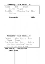 English worksheet: Animals clasification: domestic/wild and carnivore/hervibore/omnivore