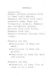 English Worksheet: Mammals characteristics