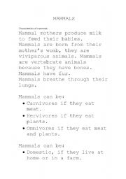 English worksheet: Mammals characteristics