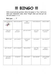 English worksheet: Bingo! Talking about (summer) holidays