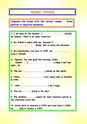 English worksheet: Mixed Tenses with Positive and Negative Statements ( Answers are Included )