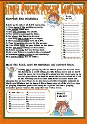 English Worksheet: Simple Present-Present Continuous Error Correction