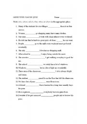 English worksheet: adjective clause quiz