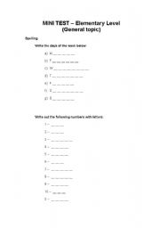 English worksheet: Elementary Mini Test - General Topic