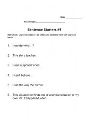 English Worksheet: Reading Response Sentence Starters