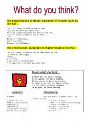 English Worksheet: written presentation:vocabs for beginning/ end -to say what you think