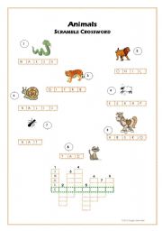 English worksheet: Animals - Scramble crosswort puzzle