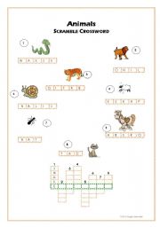 English Worksheet: Animals - Scramble crosswort puzzle