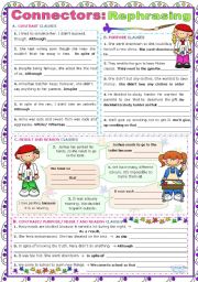 English Worksheet: Connectors of Reason & Result, Purpose & Contrast  -  Rephrasing