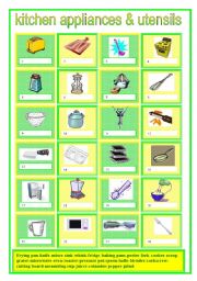 English Worksheet: Kitchen appliances & utensils