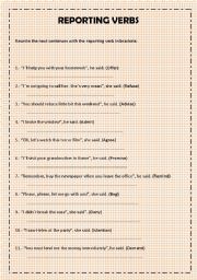 English Worksheet: REPORTING VERBS