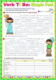 English Worksheet: The Day I Was Born -  Simple Past of V. To Be  -  Reading + Writing + Grammar  (90-minute class)