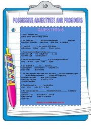 English Worksheet: POSSESSIVE ADJECTIVE  AND PRONOUNS