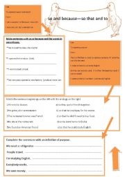 English Worksheet: so and becauseso that and to