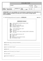English Worksheet: English Test ( Pronouns and Verb can)