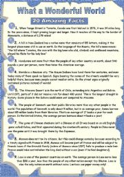 English Worksheet: what a wondrful world 2  ( 20 amazing facts)