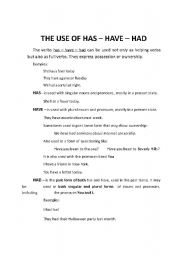 English worksheet: use of has - have - had