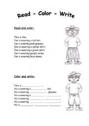 English Worksheet: Reading and writing about colors and clothes