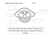 English worksheet: Colour the clown and write the parts of the face