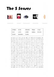 English worksheet: 5 Senses Word Search