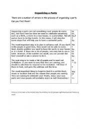 English Worksheet: Error Correction-Organising a party