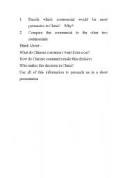 English Worksheet: Chinese Car Commercials