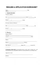 English worksheet: RESUME & APPLICATION WORKSHEET