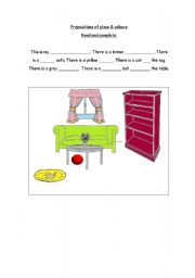 English worksheet: Prepositios of place & colours