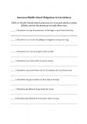 English Worksheet: American Middle School Obligations and Interdictions