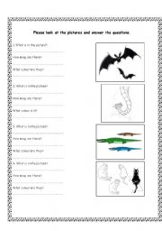English worksheet: Animals, colours and numbers