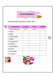 English Worksheet: Word Formation II [Prefixes, Roots and Suffixes] **KEY INCLUDED**