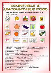 English Worksheet: Countable and uncountable food, some, any, a, an, much, many