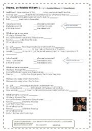 English Worksheet: SONG: SHAME by Robbie Williams