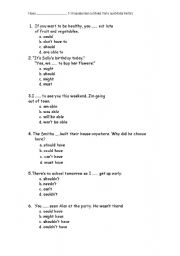 English worksheet: Modal Verbs and Modal Perfect Verbs 5 minutes test