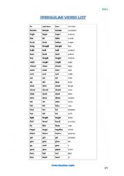 English Worksheet: List of Irregular Verbs